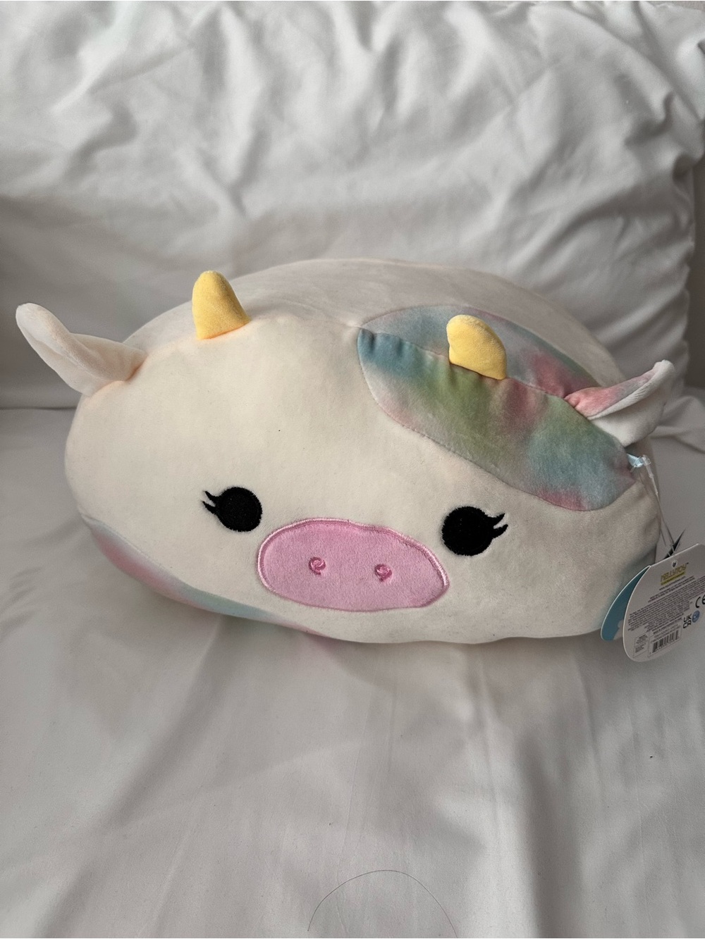 Kellytoy Cream Unicorn Cow Pillow with Pastel Rainbow Mane
